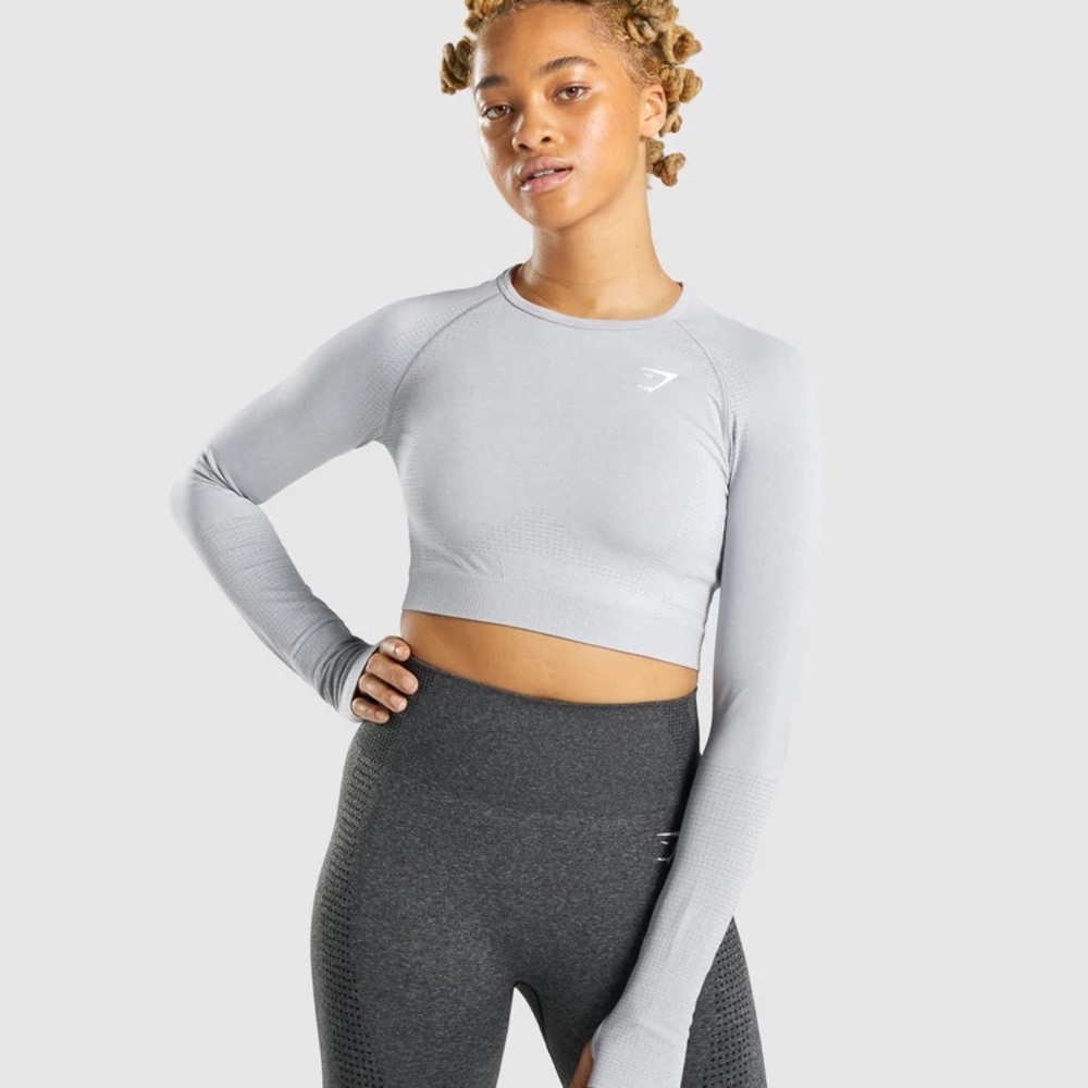 VITAL SEAMLESS 2.0 LONG SLEEVE CROP TOP LIGHT GREY MARL